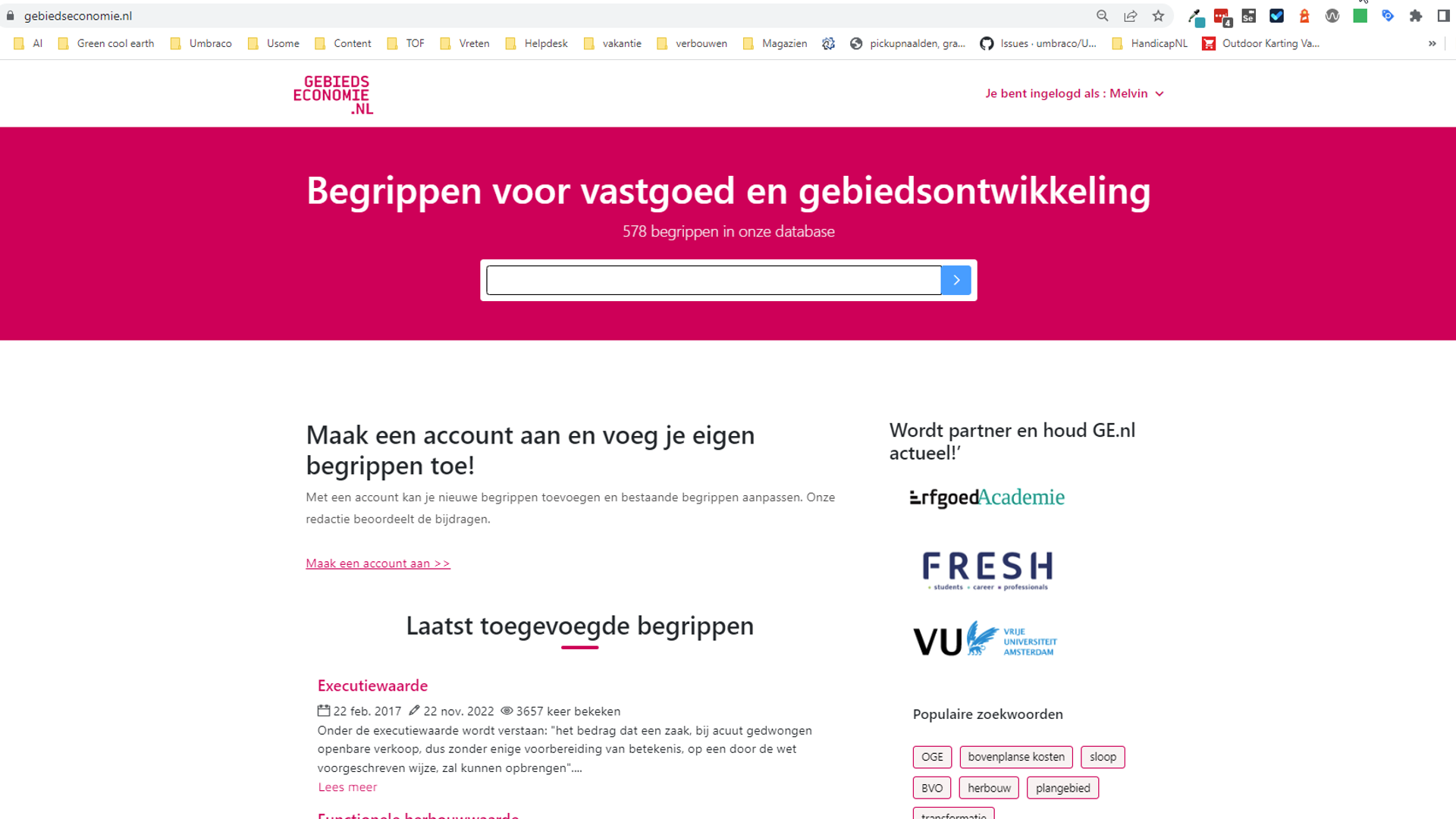 Screenshot van Gebiedseconomie website