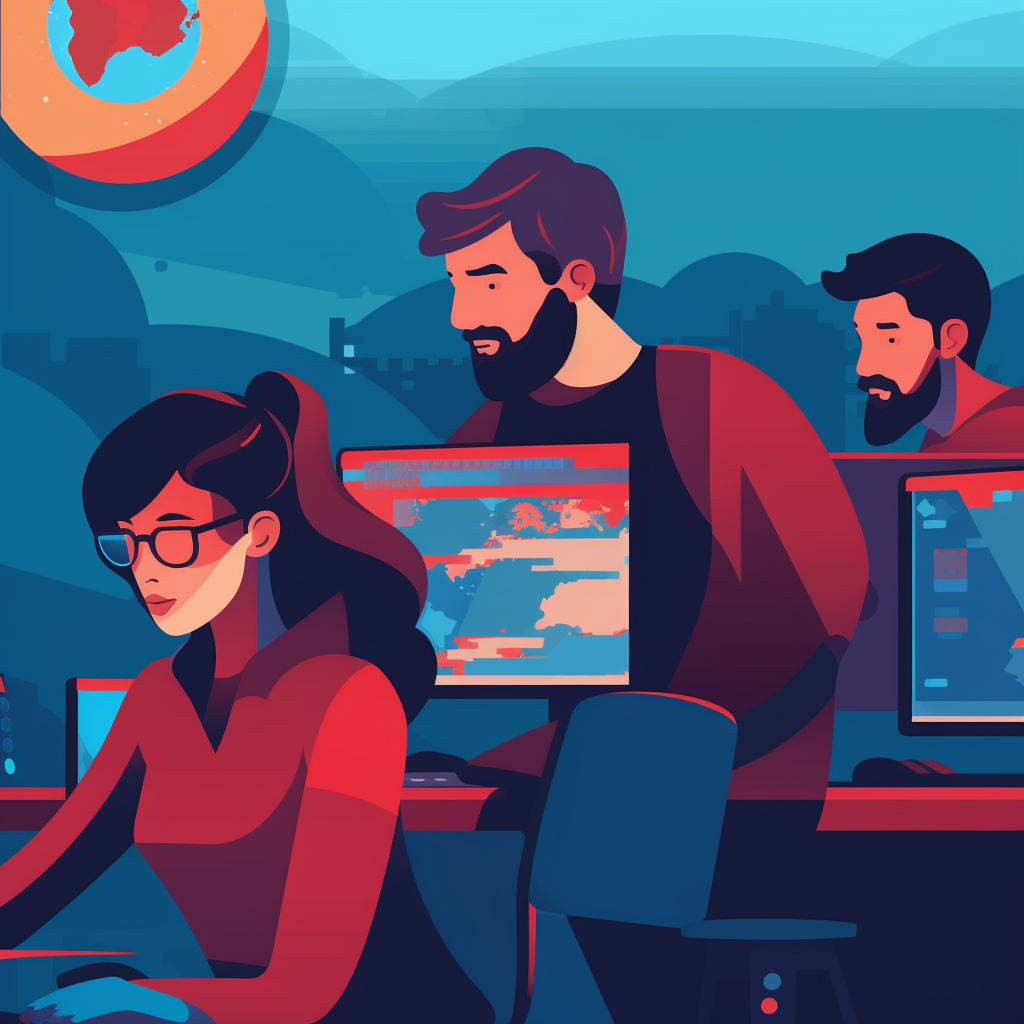 Flat design tekening van een team developers die aan Umbraco werken