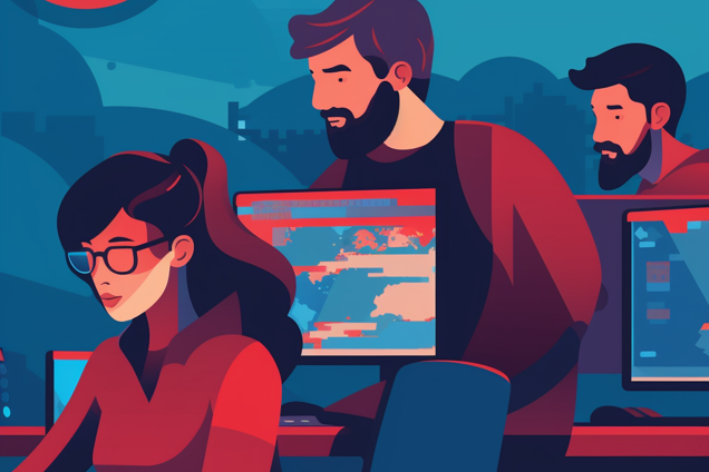 Flat design tekening van een team developers die aan Umbraco werken